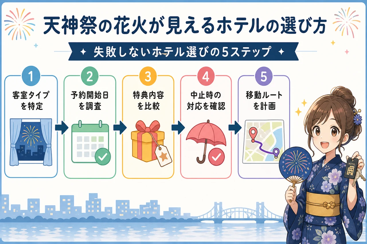 天神祭の花火が見えるホテルの選び方