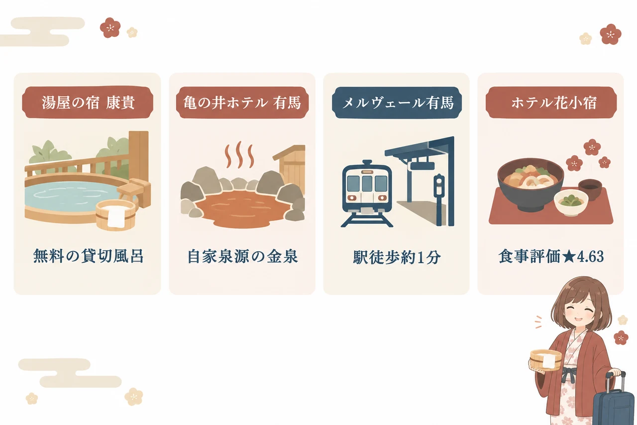 女性の有馬温泉ひとり旅に合う宿4選の要点をまとめた図解（1. 湯屋の宿 康貴・2. 亀の井ホテル 有馬・3. メルヴェール有馬）