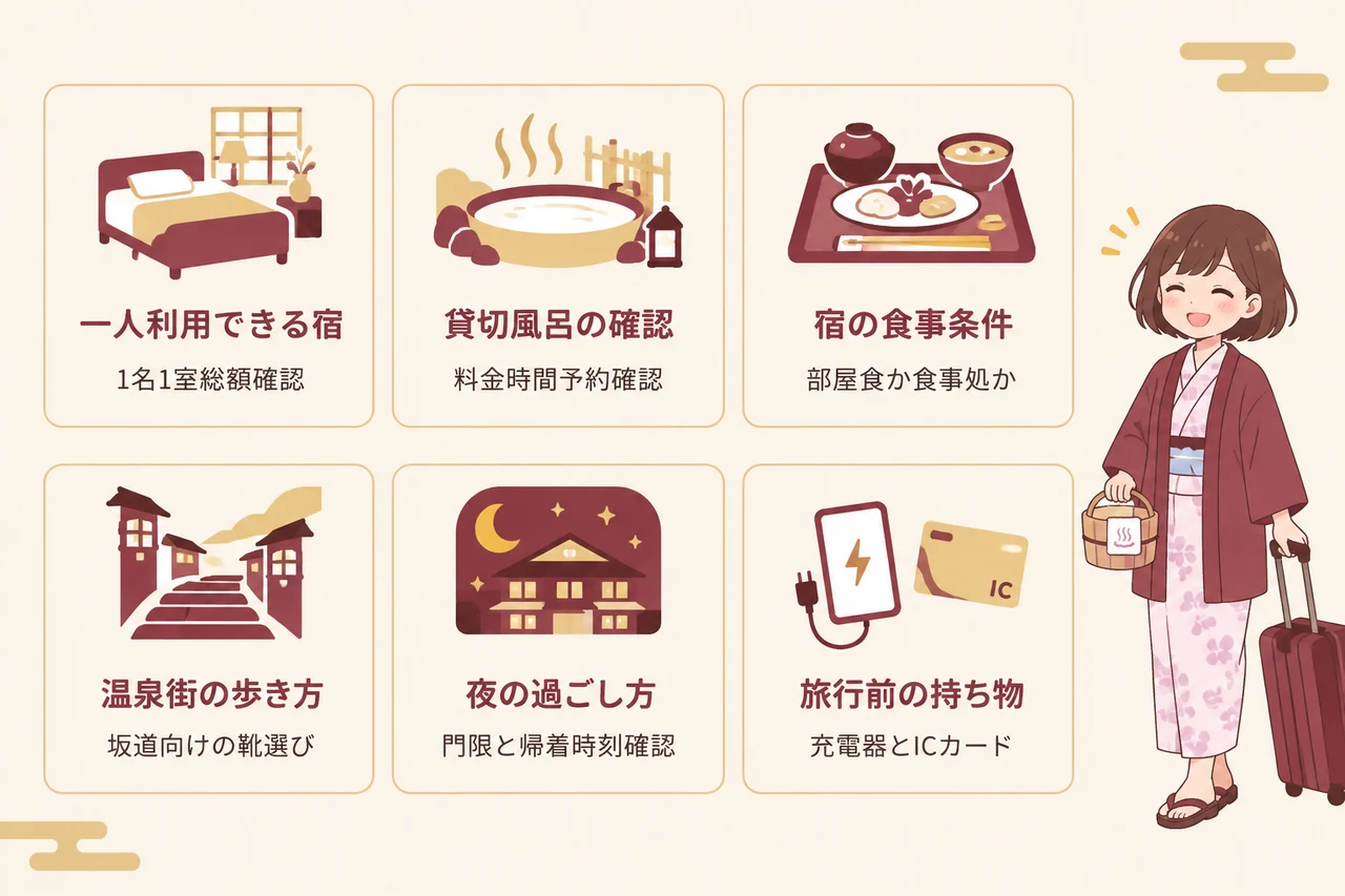 女性の有馬温泉ひとり旅で失敗しない準備の要点をまとめた図解（1. 一人利用できる宿・2. 貸切風呂の確認・3. 宿の食事条件）