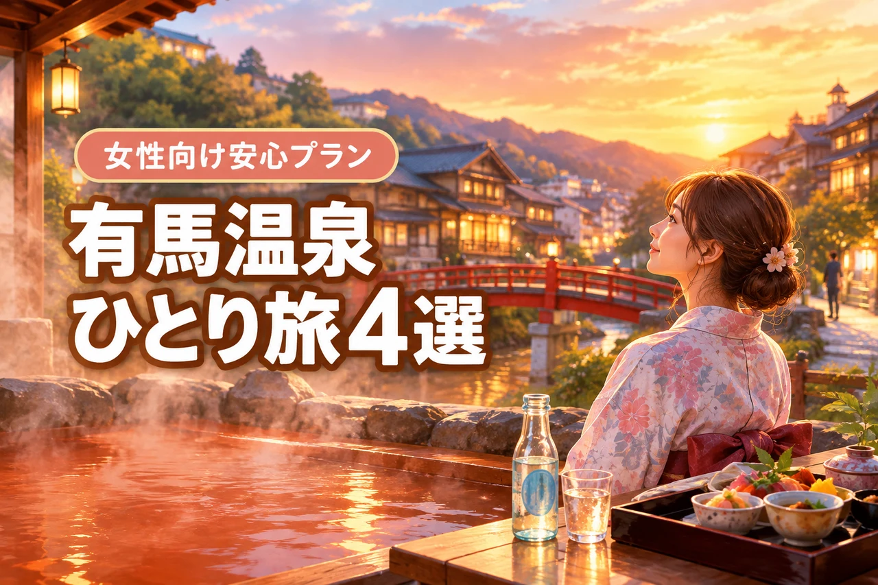 女性の有馬温泉ひとり旅におすすめの宿4選と安心モデルコース・予算(記事のアイキャッチ画像)
